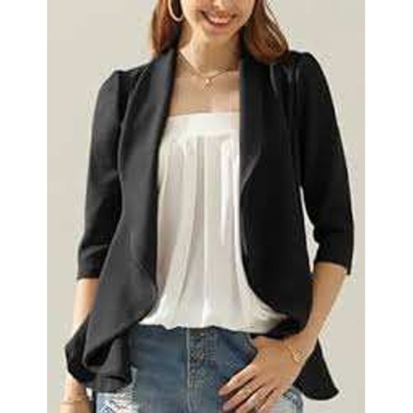 DOUBLJU Womens 3X Black Open Front Ruched 3/4 Sleeve Lightweight Blazer NEW - Picture 1 of 12